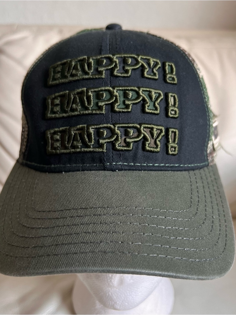 Duck Dynasty Happy! Embroidered Camo Trucker Hat - Olive & Black